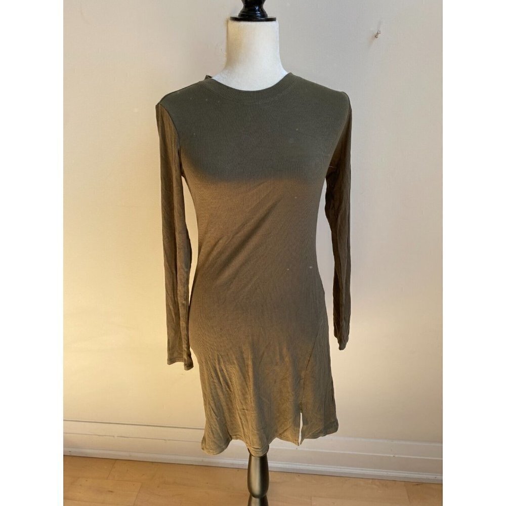 BP Women fitted ribbed olive dress BNWOT sz Xsmall front slit long sleeve - Picture 2 of 8